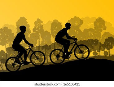 Active men cyclists bicycle riders in wild forest nature landscape background illustration vector