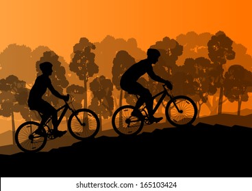 Active men cyclists bicycle riders in wild forest nature landscape background illustration vector