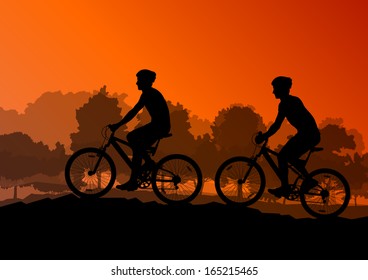 Active men cyclists bicycle riders in wild forest nature landscape background illustration vector