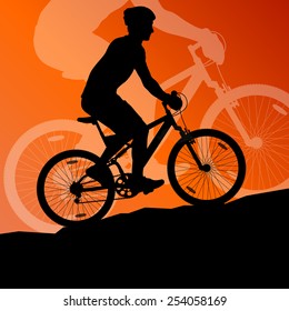 Active men cyclists bicycle riders in landscape background illustration vector