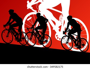 Active men cyclists bicycle riders in abstract sport landscape background illustration vector