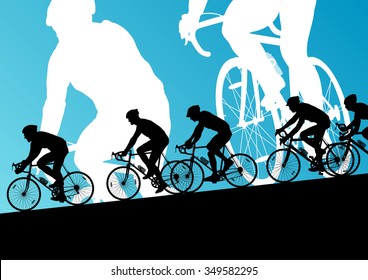 Active men cyclists bicycle riders in abstract sport landscape background illustration vector