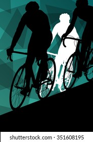 Active men cyclists bicycle riders in abstract sport landscape background illustration vector