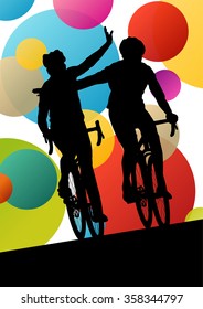 Active men cyclists bicycle riders in abstract sport landscape background illustration vector