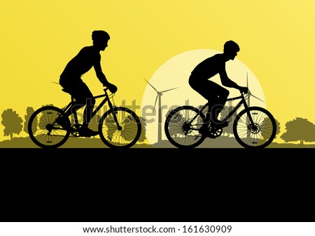 Active men cyclists bicycle riders in countryside nature landscape background illustration vector