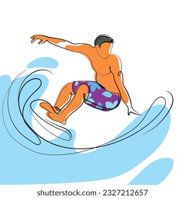 Active men riding surfboards on summer holidays,vacation at sea resort.Young surfer guy riding waves line art drawing,minimalist style design.Vector illustration.Extreme watersport.Emblem,logo,print