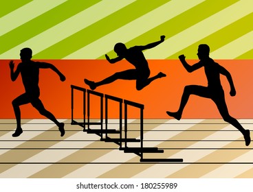Active men sport athletics hurdles barrier running silhouettes illustration collection background vector