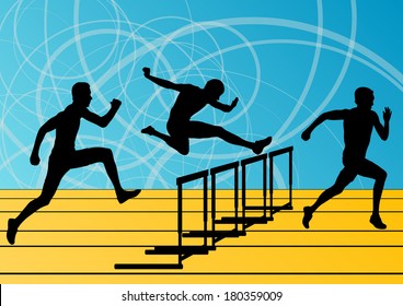 Active men sport athletics hurdles barrier running silhouettes illustration collection background vector