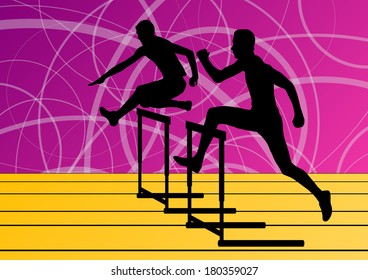 Active men sport athletics hurdles barrier running silhouettes illustration collection background vector