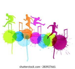 Active men sport athletics hurdles barrier running silhouettes illustration background vector concept with color splashes