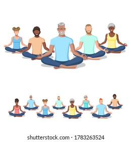 Active men and women of different nationalities and ages practice yoga. Set. Healthy lifestyle. Isolated vector illustration of sports people on a white background.