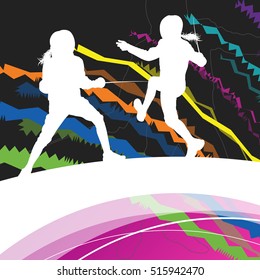 Active men and women fencing sport silhouettes in abstract line background illustration vector