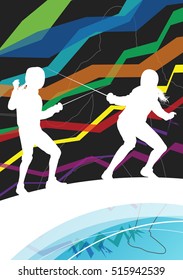 Active men and women fencing sport silhouettes in abstract line background illustration vector
