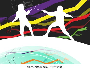 Active men and women fencing sport silhouettes in abstract line background illustration vector