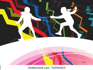 Active men and women fencing sport silhouettes in abstract line background illustration vector