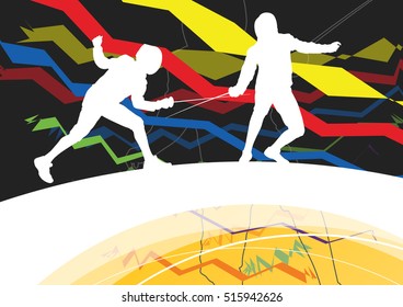 Active men and women fencing sport silhouettes in abstract line background illustration vector