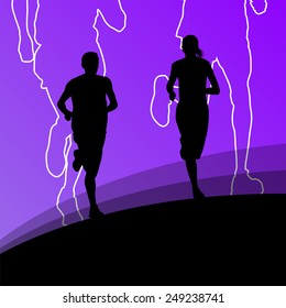 Active men and women runner sport athletics running silhouettes illustration background vector