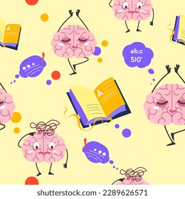 Active and mindful brain character meditating and solving problems. Cognitive functioning and education, learning and studying. Seamless pattern, wallpaper or background print. Vector in flat style