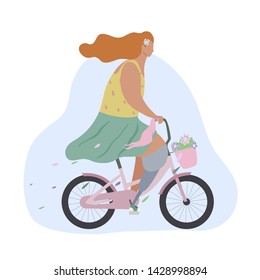 Active modern romantic girl with leg prosthesis on pink bike with flowers in basket. Modern flat illustration side view. Summer sports lifestyle for all. Stylized woman cyclist.