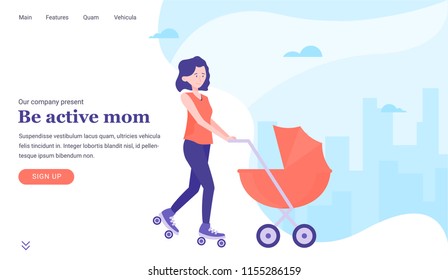 An active mother goes in for sports with her child. Roller-skates and gently pushes the stroller. On a background of an urban landscape. A full life after birth, a healthy lifestyle in the city.