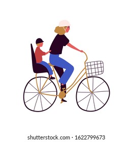 Active mother and son ride on bike vector flat illustration. Happy family cycling together isolated on white background. Concept of healthy lifestyle, leisure and spending time outdoor.