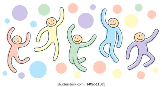 Active movement of jumping people as illustration of cartoon poses of joyful stick characters