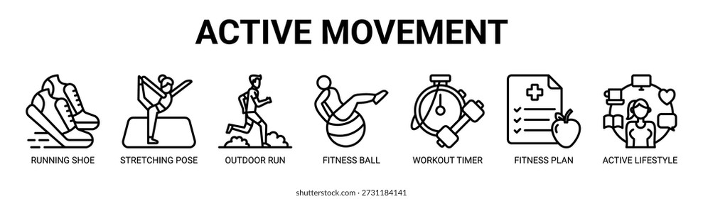 Active Movement web banner icon vector illustration concept with icon of running shoe, stretching pose, outdoor run, fitness ball, workout timer, fitness plan, and active lifestyle.