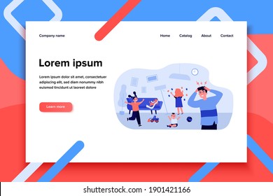 Active naughty kids at home. Dad feeling stress, children making mess flat vector illustration. Childhood, parenting, disorder concept for banner, website design or landing web page