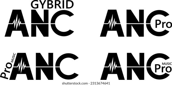 Active noise cancelling. Noise reduction. ANC inscriptions. Symbol indicating the noise cancellation system used in headphones and hi-fi devices. Black letters. Simple vector illustration.