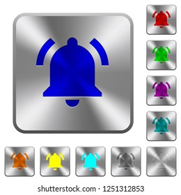 Active notification engraved icons on rounded square glossy steel buttons