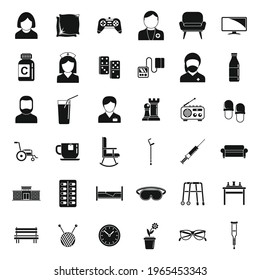 Iconos activos en el hogar de enfermería. Conjunto simple de iconos vectoriales de enfermería activa para diseño web sobre fondo blanco