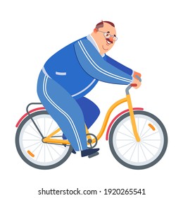 Active old age, senior man lifestyle. Grandfather riding bicycle park. Healthy senior athlete cycling. Happy fat retired man exercising while cycling. Cartoon vector illustration