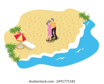 Active old couple dancing on beach together. Senior man and woman having fun near lake or sea 3d isometric vector illustration