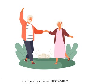 Active Old Couple Dancing At Park Vector Flat Illustration. Happy Elderly Man And Woman Holding Hands Demonstrate Dance Movement Isolated On White. Grandmother And Grandfather At Outdoor Disco