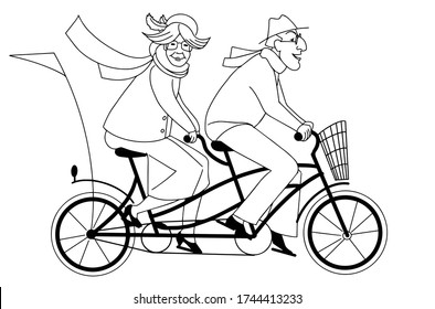 Active Old Couple Riding A Tandem Bike. Healthy Lifestyle, Man And Woman Doing Sport. Doodle Style Vector Illustration