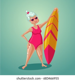 Active old lady. Elderly retired woman with surfboard on vacation.