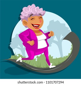 Active old lady, funny character. Vector illustration. 