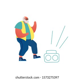 Aktiver alter Mann in modischen Kleidern und Sonnenbrillen Tanzen in der Nähe Tape Recorder einzeln auf weißem Hintergrund. Fröhliche Hochwertige Hipster Pensioner Disco Tanz Entspannung Erholung Cartoon Flat Vektorgrafik