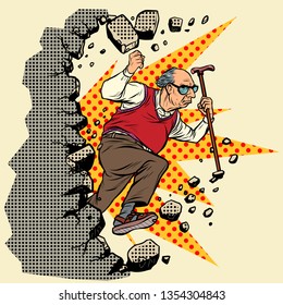 Active Old Man Pensioner Breaks The Wall Of Stereotypess. Moving Forward, Personal Development. Pop Art Retro Vector Illustration Vintage Kitsch