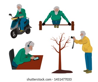 Active old man.  A Set Of Vectors.  Aged.   The activity of the pensioner. Isolated cartoon illustration on white background. An active lifestyle is a social concept vector illustration.