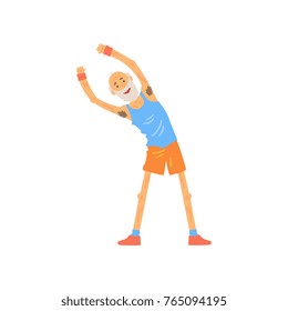 Active old man stretching before gymnastics training. Elderly character doing side bends exercise. Bearded grandfather in t-shirt and shorts. Flat vector