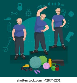 Active old man success weight loss isolated, slim senior workout, diet and sport wellness concept vector, people gymnastics in gym doing exercise, healthy lifestyle. before and after 