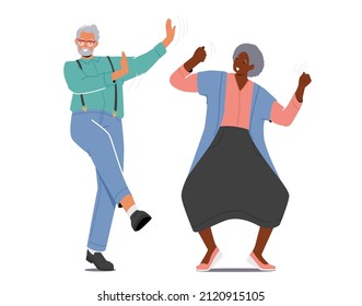 El viejo activo y la mujer bailan de ocio. Alegres jubilados con ropa de moda bailando y relajándose, personajes de mayor edad divertidos aislados de fondo blanco. Ilustración de vectores de personas de caricatura