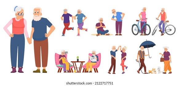 Active old people. Cycling person, healthy retirement and smile elderly characters. Senior retired, cartoon cute dancing and relaxed grandparents, decent vector set