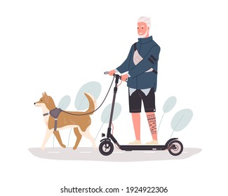 Ancianos activos caminando con perros y montando motocicleta eléctrica. Hombre de edad barbudo moderno conduciendo transporte urbano ecológico. Ilustración vectorial plana coloreada aislada en fondo blanco