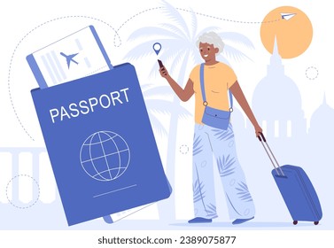 Active older african american woman traveling. Gray-haired woman holding  luggage. Elderly people traveling concept. Passport and plane tickets. 	