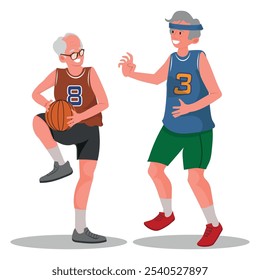 Active older men playing basketball and having fun. Vector illustration.