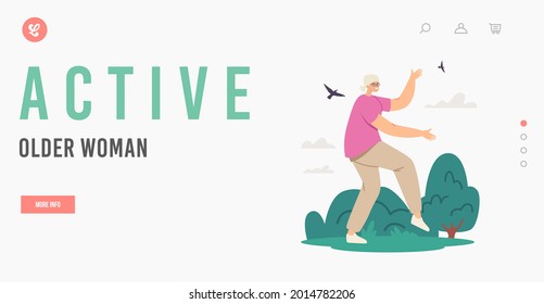 Active Older Woman Landing Page Template. Senior Female Character Exercising at City Park. Outdoor Tai Chi Classes for Elderly People. Healthy Lifestyle, Body Training. Cartoon Vector Illustration