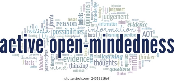 Active Open-Mind Thinking: Open-Mindedness word cloud conceptual design isolated on white background.