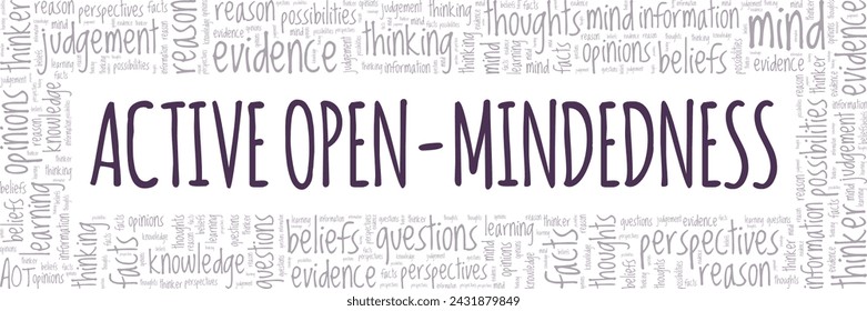 Active Open-Mind Thinking: Open-Mindedness word cloud conceptual design isolated on white background.